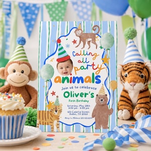 May include: A rectangular birthday invitation card with a blue and white striped background featuring illustrations of a monkey, tiger, and bear wearing party hats, balloons, and the text Calling all party animals Oliver's First Birthday.