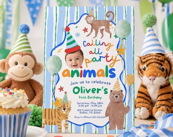 Calling All Party Animals Birthday Invitation Boy, Pastel Photo Invite, Editable Canva Digital Download