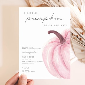 roze pompoen baby shower meisje uitnodiging, kleine pompoen baby shower uitnodigen, herfst minimalistische baby shower roze pompoen baby shower PBS1
