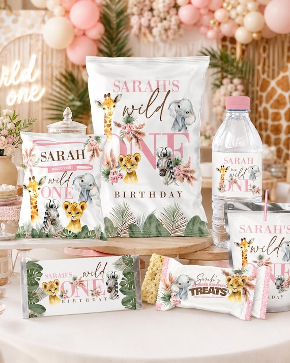 Girl Wild One Birthday Party Favors Bundle: Safari Animals Party Decor (Digital Download)