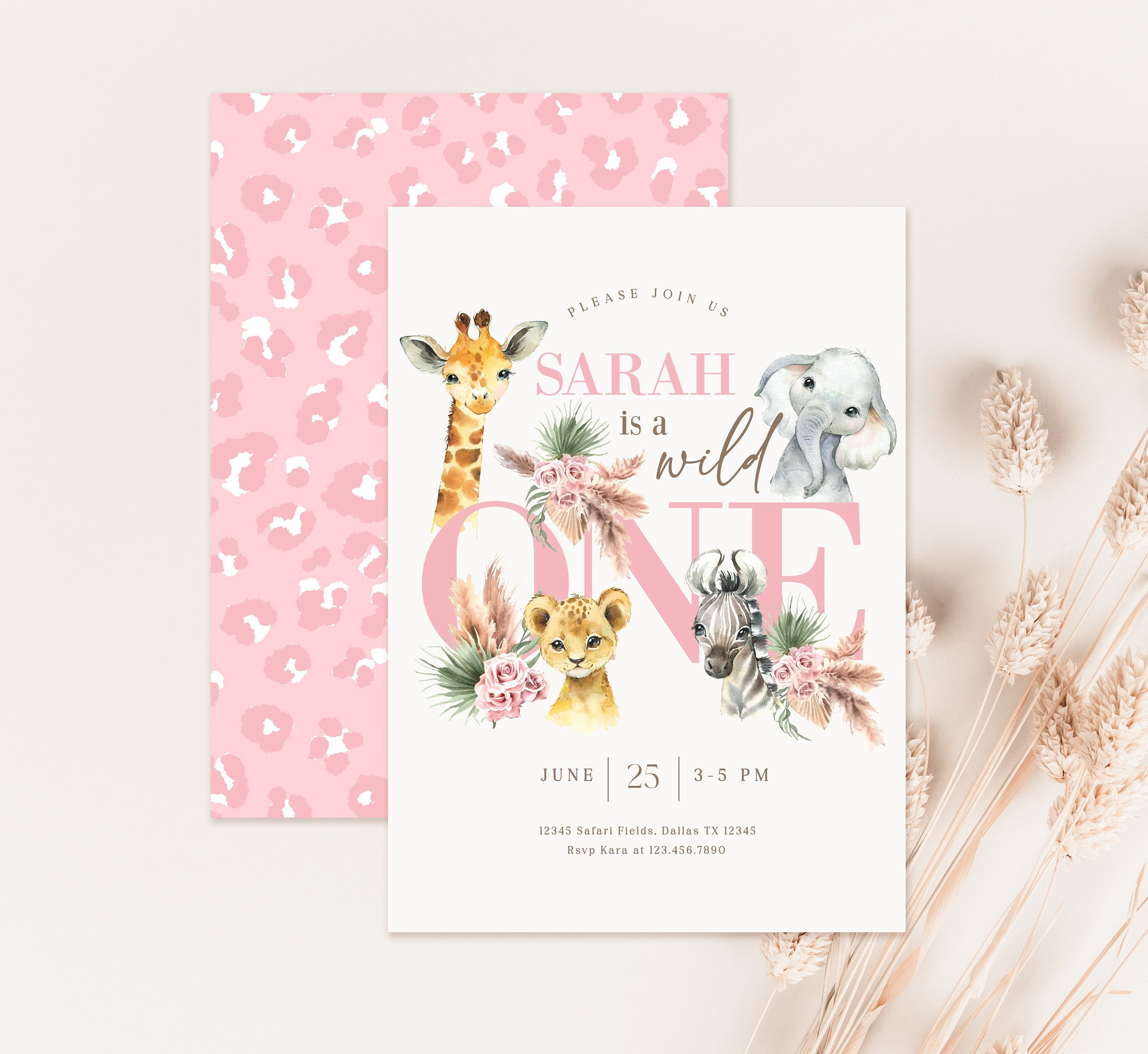 Editable Girl Boho Wild One Birthday Invitation, Jungle Safari Animals Party Invite, Pink Blush Floral 1st Birthday Printable WILD005