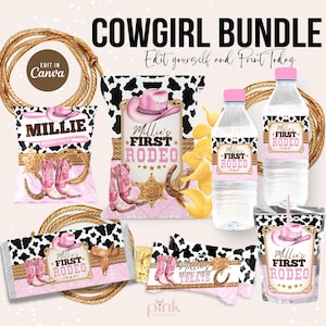 Paquete de artículos para la fiesta de cumpleaños de primer rodeo de vaquera: Plantilla editable de etiquetas para recuerdos en Canva (descarga digital) CWG1