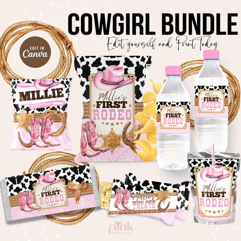 Cowgirl 1st Rodeo Birthday Party Bundle: Editable Favors Labels Canva Template (Digital Download) CWG1 image 3