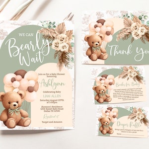Editable We Can Bearly Wait Baby Shower Invitation Green Bear Balloon Baby Shower Invite Boho Bear Baby Shower BSL1