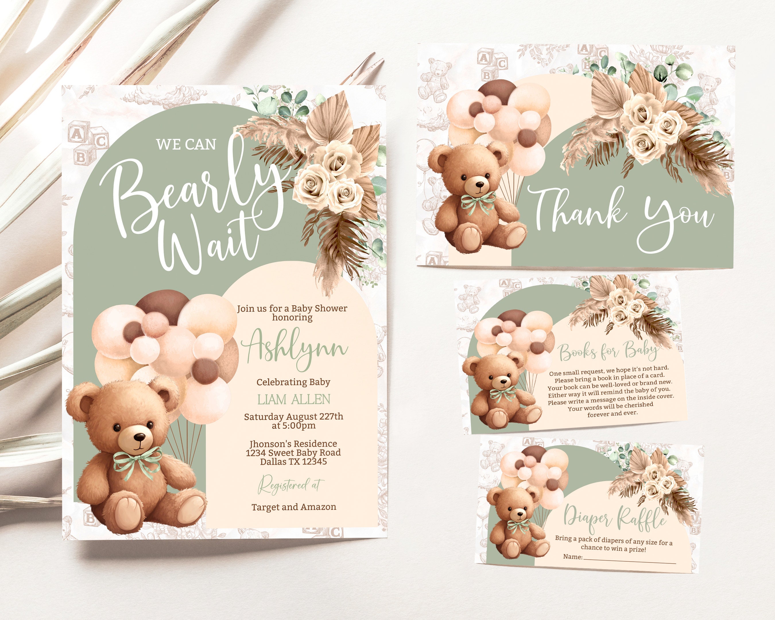 Editable We Can Bearly Wait Baby Shower Invitation Green Bear Balloon Baby Shower Invite Boho Bear Baby Shower BSL1