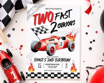 May include: A rectangular birthday invitation card featuring a red race car with flames, a checkered flag, and the text "TWO FAST 2 CURIOUS". The card includes details for Benji's 2nd birthday on October 12 at 3 PM at Racing Road Cafe in Dallas, Texas.