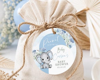 bewerkbaar en printbaar sjabloon voor een cadeaulabel met olifantenmotief voor een babyshower.