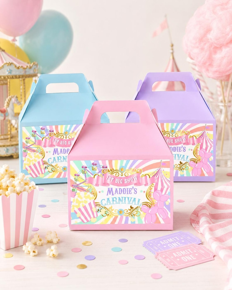 May include: Three colorful carnival-themed favor boxes in pink, blue, and purple. Each box features a handle and a label with carnival graphics, including a Ferris wheel, popcorn, and the text "Maddie's Carnival". Confetti and popcorn are scattered around.