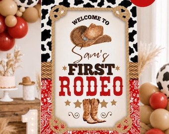 Cowboy First Rodeo Birthday Welcome Sign, Western Party Poster, Editable Canva Template (Digital Download)