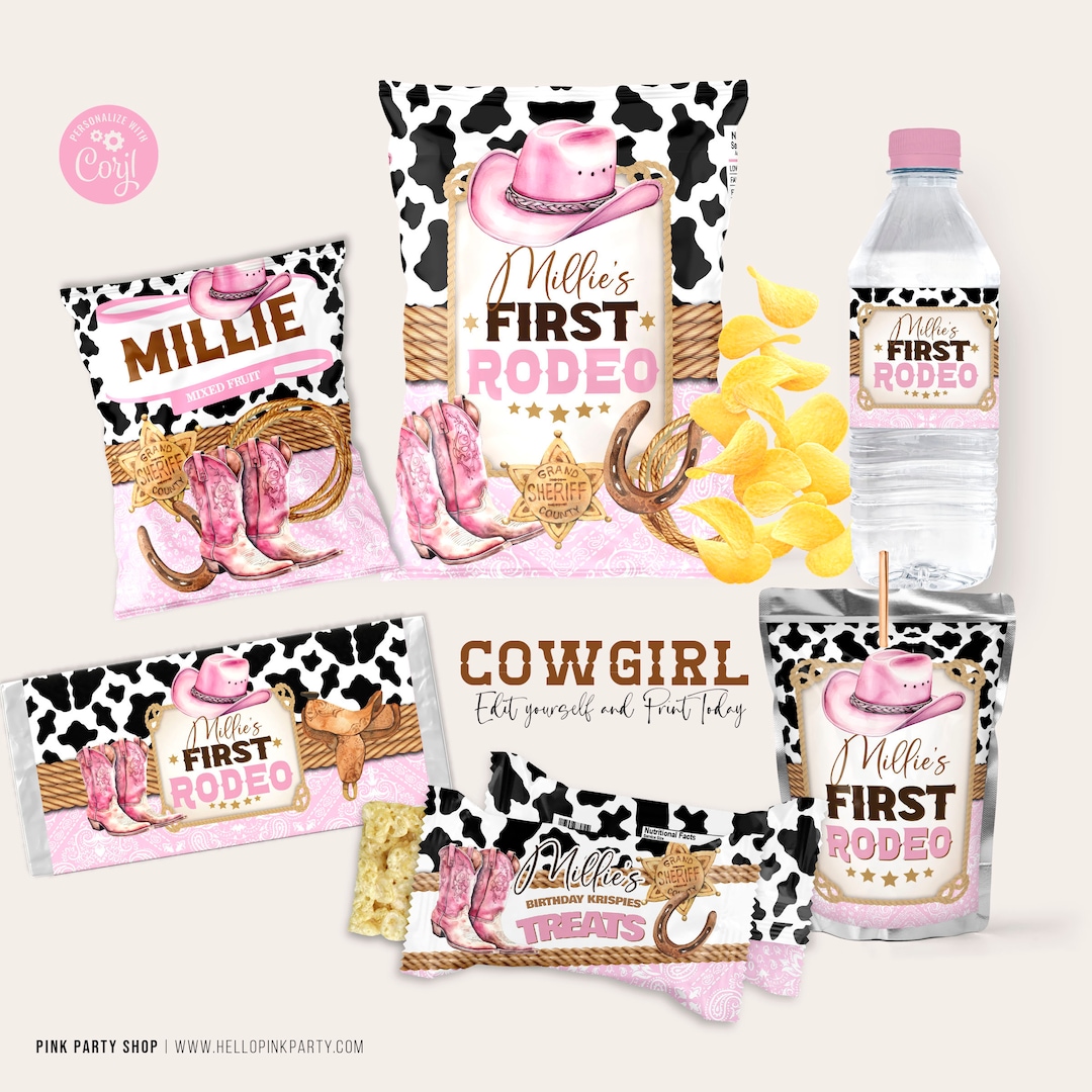 Cowgirl 1st Rodeo Birthday Party Bundle: Editable Favors Labels ...
