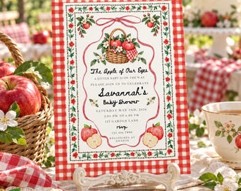 The Apple of Our Eyes Baby Shower Invitation, Red Gingham Editable Template