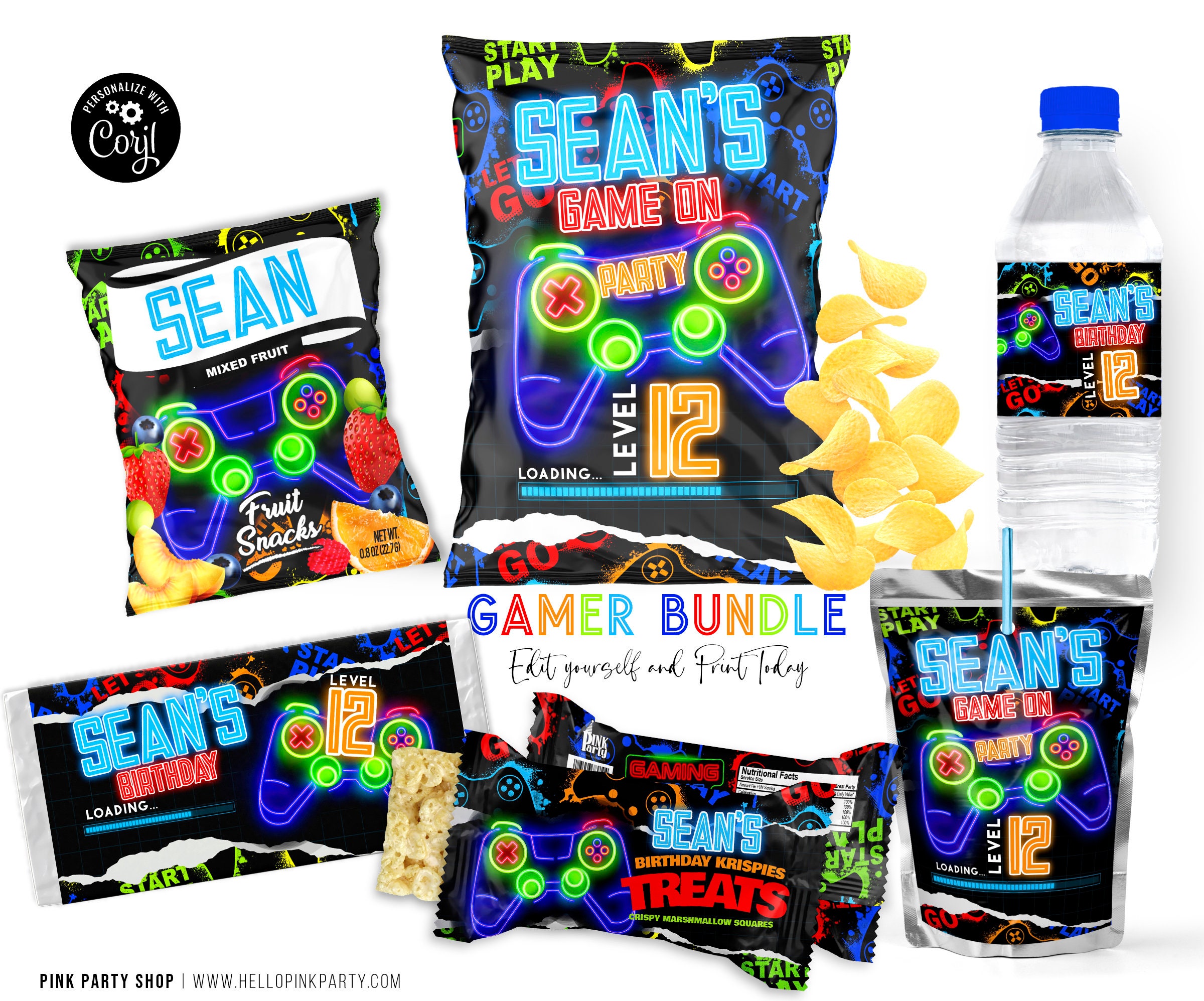 Gamer Birthday Party Bundle Kit Template Afdrukbaar, Gaming Verjaardag chip tas, Corjl Bewerkbare labels, afdrukbare wrapper bewerkbare gunsten BD105