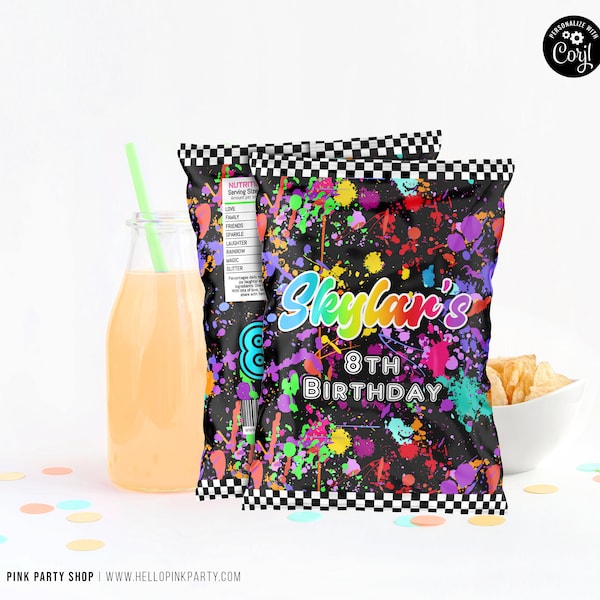 Editable Art Paint splatter chip bag wrapper, Printable template art party, Art Birthday Party favor, Paint Splats party decorations