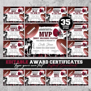 Editable Football Award Certificate Award Ceremony Certificate End of Season Football Awards Team Party Printables Ceremony gift DIY Diploma