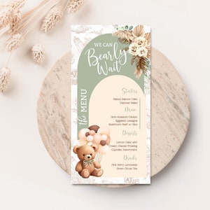 Menu Urso imprimível Menu urso sábio editável para chá de bebê cartão de comida personalizado para mesa boho chá de bebê urso Gênero neutro chá de bebê BSL1