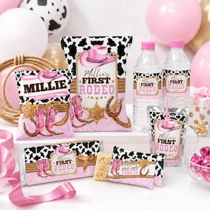Cowgirl 1st Rodeo Birthday Party Bundle: Bearbeitbare Bevorzugungen Etiketten Canva Vorlage (Digitaler Download) CWG1