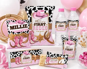 Cowgirl 1st Rodeo Birthday Party Bundle: Editable Favors Labels Canva Template (Digital Download) CWG1