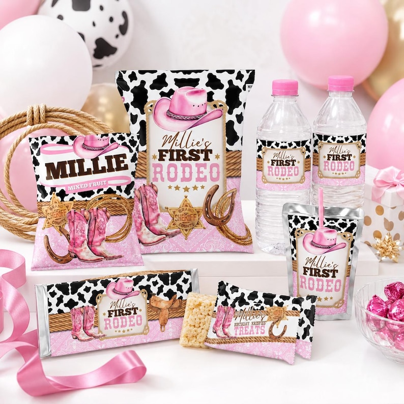 Cowgirl 1st Rodeo Birthday Party Bundle: Editable Favors Labels Canva Template (Digital Download) CWG1 image 1