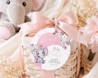 Elephant Baby Shower Favor Tags — Editable Floral Peanut Theme (Digital Download)