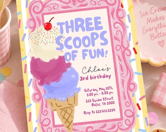 Ice Cream 3rd Birthday Invitation, Three Scoops of Fun Editable Template