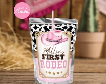 Cowgirl 1st Rodeo Juice Pouch Label: Pink Western Birthday (editierbare Canva Vorlage) CWG1