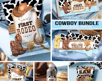 May include: A collection of cowboy-themed party supplies, including treat bags, candy bar wrappers, and water bottle labels. The designs feature a cowboy hat, boots, horseshoe, and the text "Sam's First Rodeo". The color scheme includes brown, blue, and white.