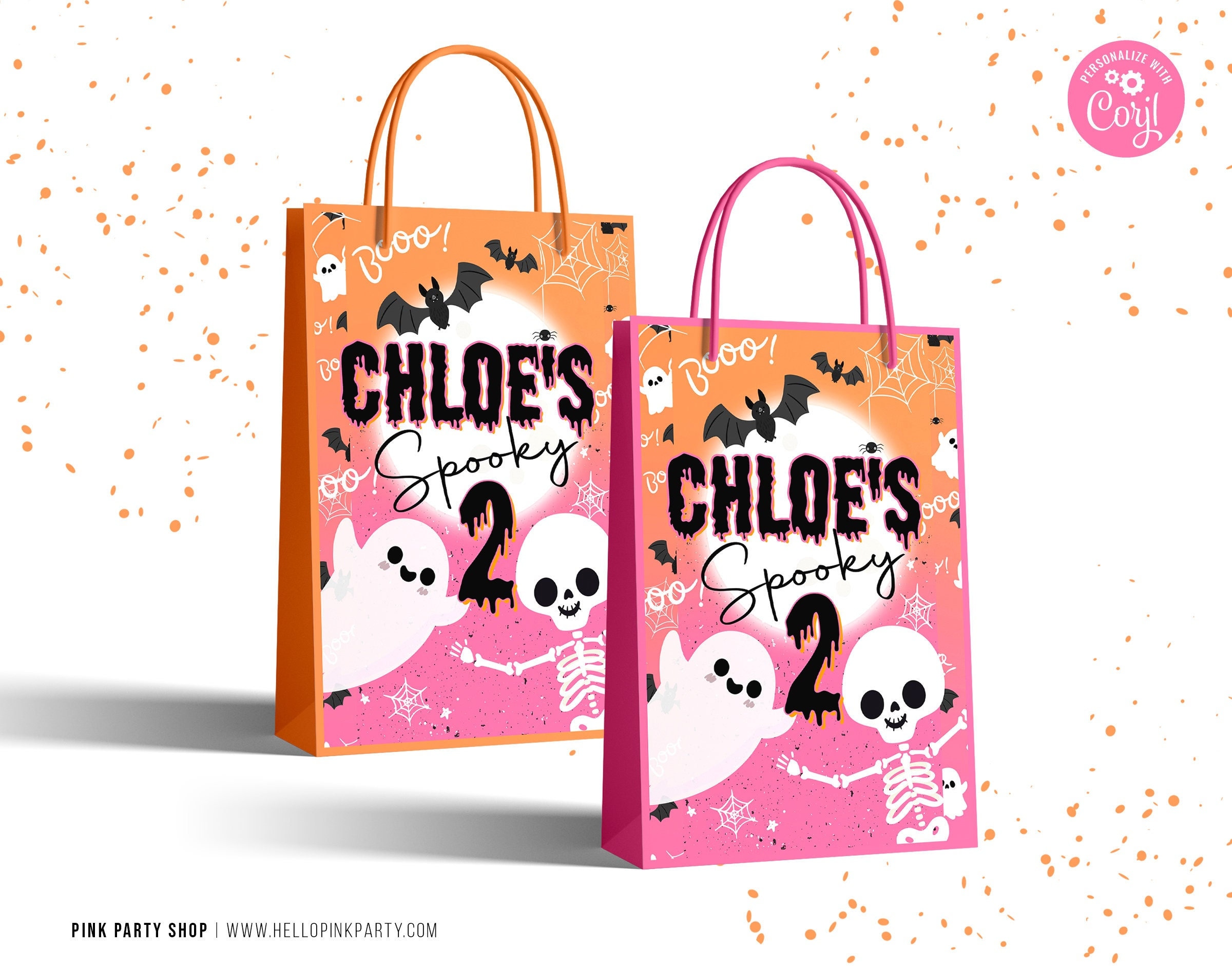 Halloween Birthday gift bag labels, Printable templates, Spooky 2 Birthday treat bag labels, Skeleton Ghost Editable party favors labels