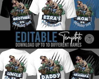 Diseño de camiseta de cumpleaños jurásico: Plantilla editable de dinosaurio (descarga digital) JB1