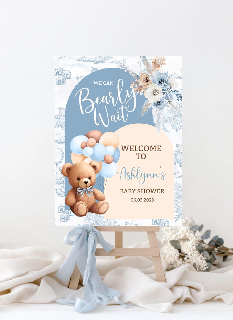 Teddy Bear Baby Shower Welcome Sign, Boho Bear Boy Decor (Digital Download) image 3