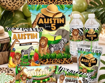 May include: A collection of safari-themed party supplies, including snack bags, water bottles, and treat bags, all featuring the name "Austin" and the number "5." The designs incorporate animal illustrations like lions, zebras, and giraffes, with a jungle backdrop.