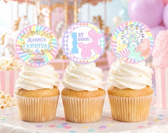Carnival Birthday Cupcake Toppers: Editable Circus Party Favors (Digital Download) CB10