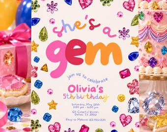 Little Gem First Birthday Invitation, Colorful Jewel Party Editable Canva Template