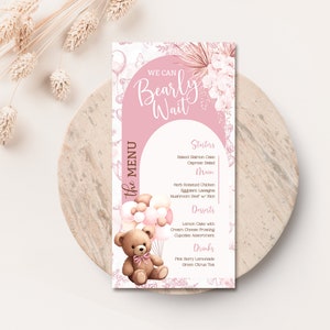 Menu Urso imprimível menu urso rosa editável para chá de bebê cartão de comida personalizado para mesa boho chá de bebê urso menina decoração de mesa de chá de bebê