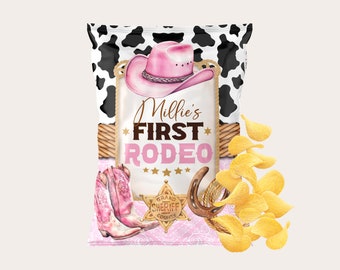 Cowgirl Birthday chip bag Editable Template Printable 1st Rodeo favor wrapper Pink Western Cow Birthday decoration Custom chips label