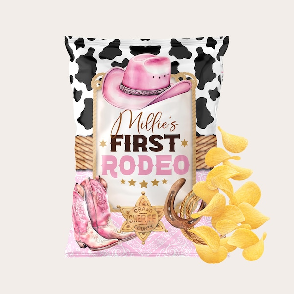 Cowgirl Birthday chip bag Editable Template Printable 1st Rodeo favor wrapper Pink Western Cow Birthday decoration Custom chips label