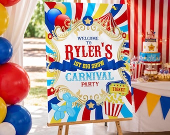 Panneau de bienvenue d'anniversaire de carnaval de cirque : modèle modifiable (téléchargement numérique)