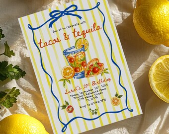 Invito di compleanno a tema tacos e tequila: Fiesta disegnata a mano (modificabile con Canva)