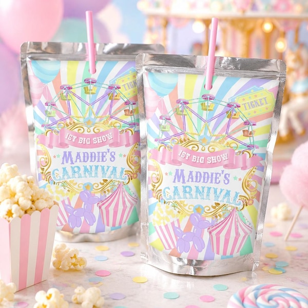 Carnival Birthday Juice Pouch Labels: Pastel Circus Theme (Printable Template) CB10