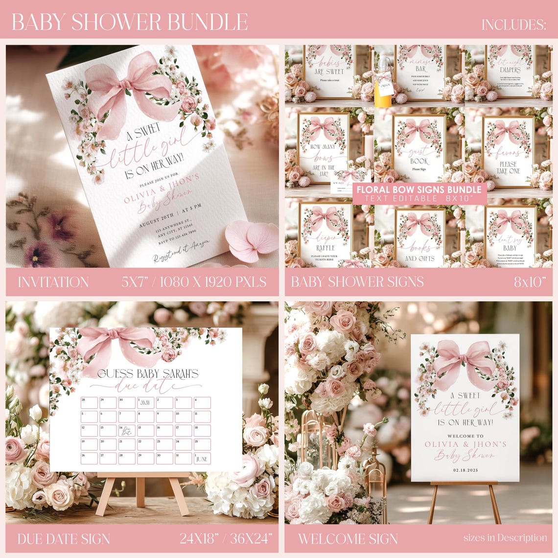 Pink Bow Floral Baby Shower Bundle, Sweet Little Girl Baby Shower ...