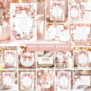 Peut inclure: Ensemble de papeterie pour baby shower aux tons rose pâle et crème. Les motifs présentent des éléments floraux, des citrouilles et des nœuds. Le texte comprend des phrases telles que "A Little Pumpkin is on the Way" et "Baby Shower Bundle Edit with Canva."