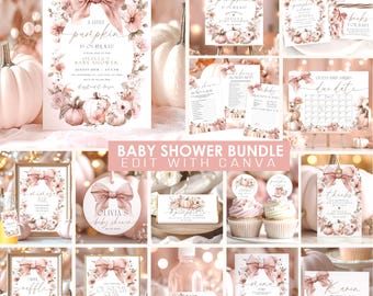 May include: A collection of baby shower stationery with a soft pink and cream color scheme. The designs feature floral accents, pumpkins, and bows. The text includes phrases like "A Little Pumpkin is on the Way" and "Baby Shower Bundle Edit with Canva."