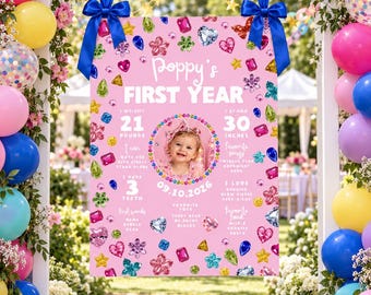 Little Gem First Birthday Milestone Board, Rhinestone Girl Party Sign