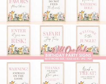 Wild One Girl Birthday Party Signs: Pink Safari Jungle Animals (Digital Download) WILD005