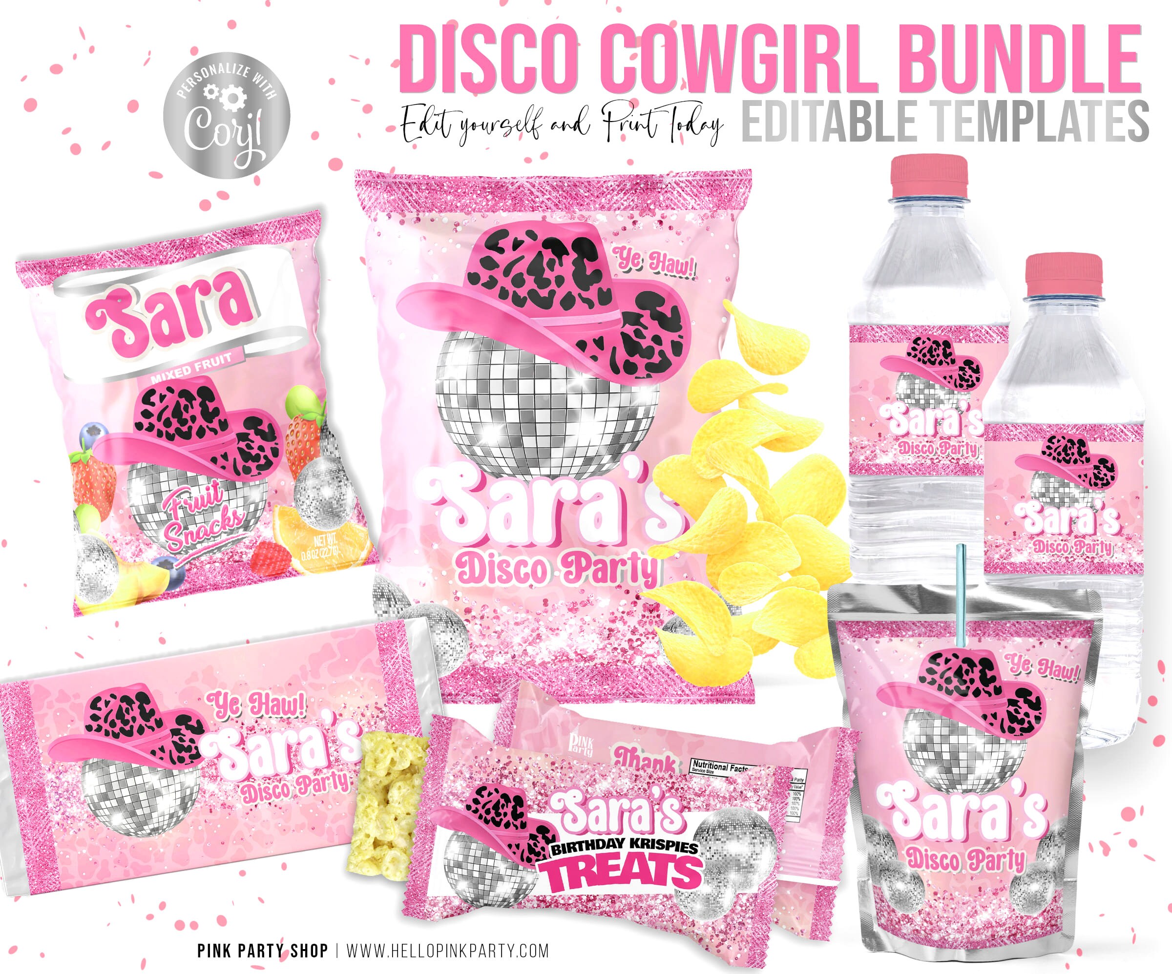 Disco Cowgirl Birthday Party Bundle Kit, Template Printable, Rodeo Disco ball Birthday chip bag, Cowboy Editable labels Rodeo Party decor