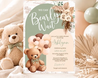 We Can Bearly Wait Baby Shower Invitation, Sage Green Teddy Bear Editable Template