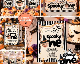 Spooky One Halloween First Birthday Party Bundle, Editable Canva Templates