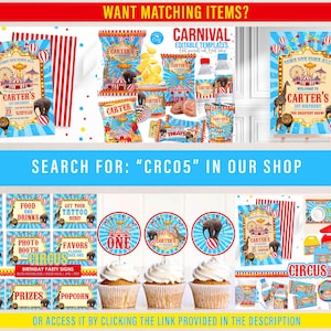 K&ouml;nnte beinhalten: Eine Sammlung von Partyzubeh&ouml;r im Zirkus-Design, darunter Einladungen, T&uuml;ten und Cupcake-Topper. Die Designs zeigen ein Karnevalsthema mit Elefanten, L&ouml;wen und dem Text "Carter's 1st Birthday". Der Text "Want matching items?" steht oben.