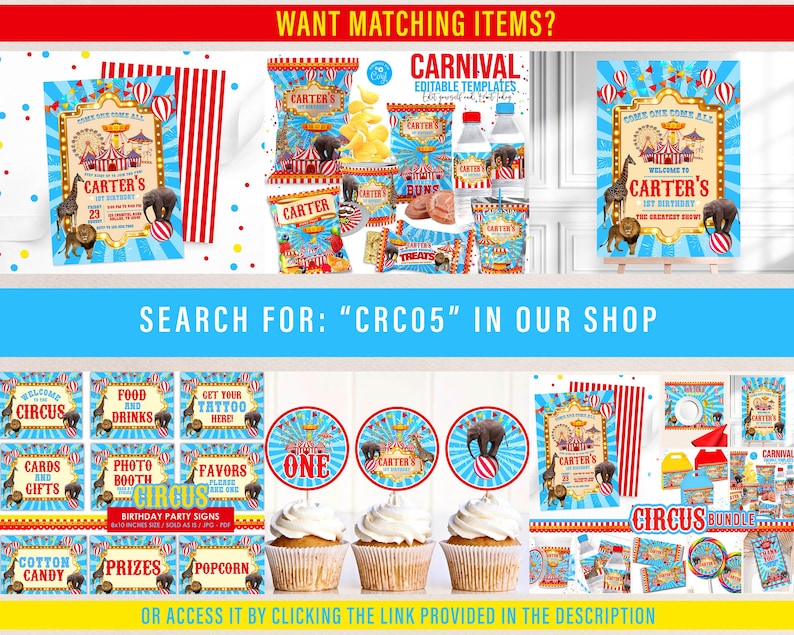 K&ouml;nnte beinhalten: Eine Sammlung von Partyzubeh&ouml;r im Zirkus-Design, darunter Einladungen, T&uuml;ten und Cupcake-Topper. Die Designs zeigen ein Karnevalsthema mit Elefanten, L&ouml;wen und dem Text "Carter's 1st Birthday". Der Text "Want matching items?" steht oben.