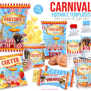Circus Carnival Party Favor Bundle Printable Chip Bag Juice Label Wrappers Editable Birthday Templates for Kids 1st Birthday