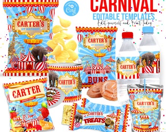 Circus Carnival Party Favor Bundle Printable Chip Bag Juice Label Wrappers Editable Birthday Templates for Kids 1st Birthday